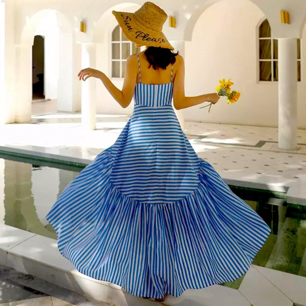 Blue and White Striped High Low Dress